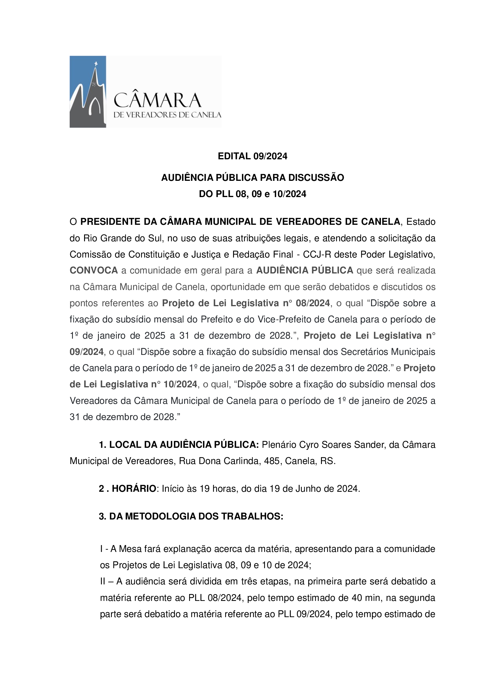 Edital 09/2024 Audiência Pública - PLL 08, 09 e 10/2024